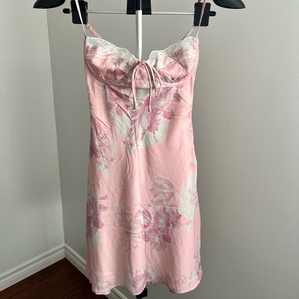 Pink Floral Lace-Trimmed Mini Dress